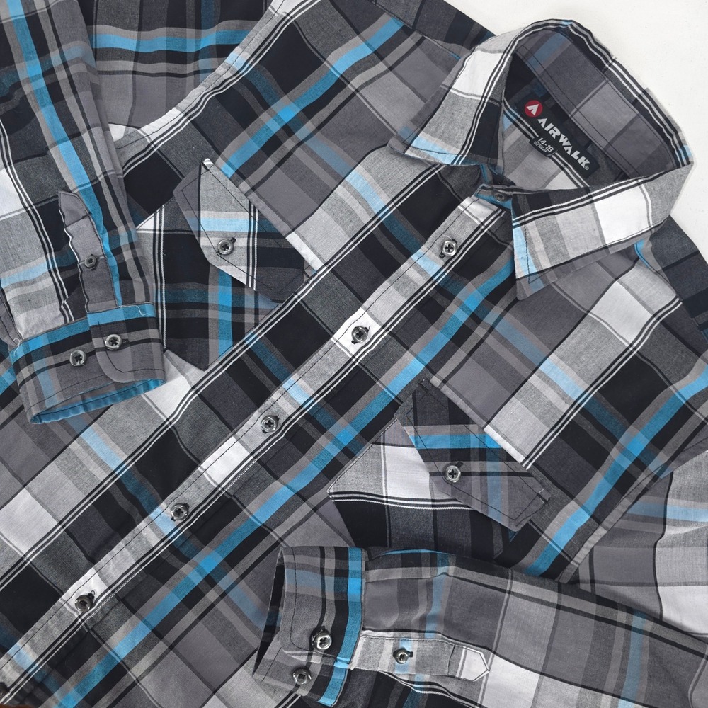 Airwalk Button Up Shirt Boys XL 14-16 Plaid Long Sleeve Snap Cuff Pocket Kidcore